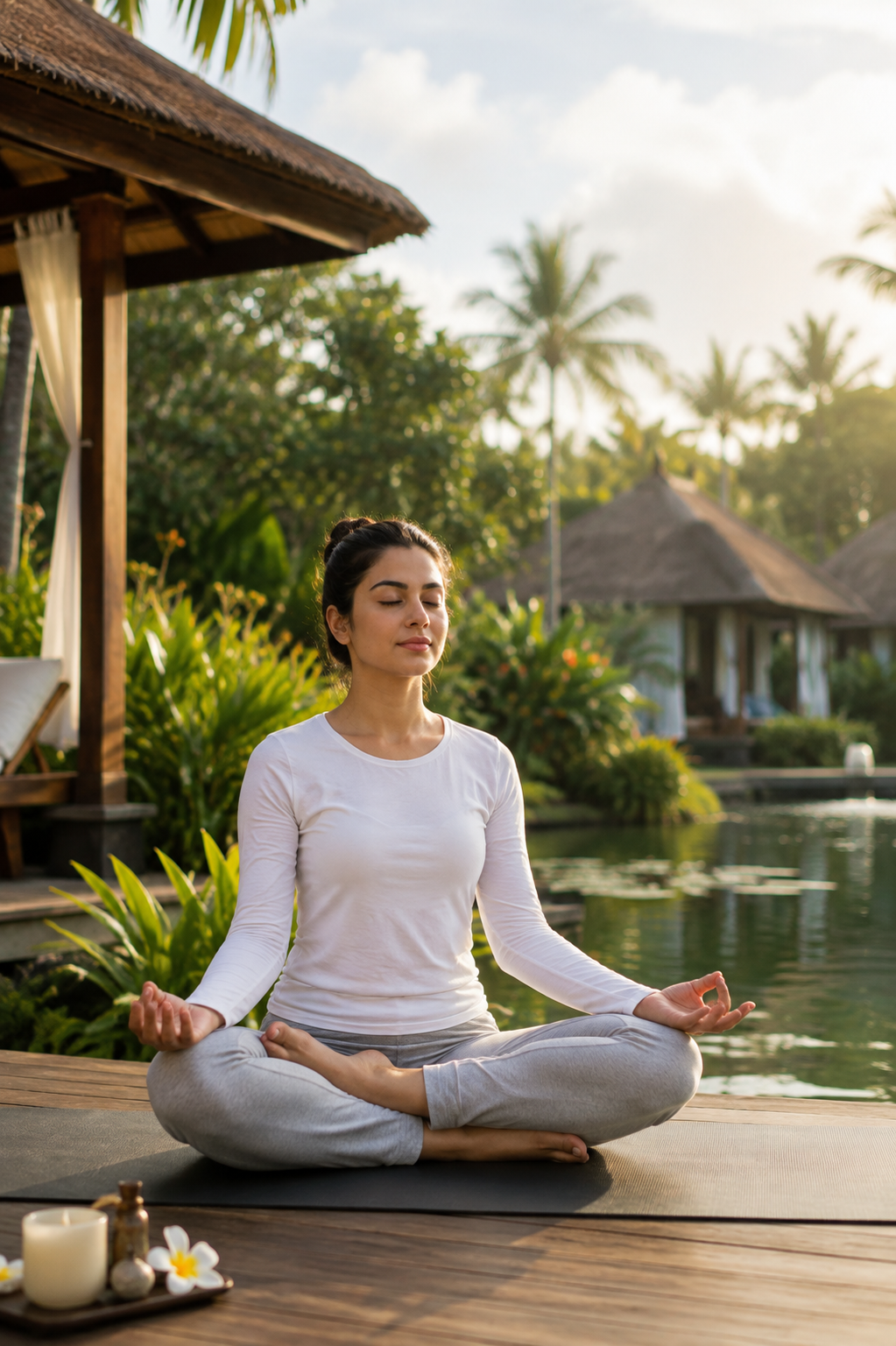 Woman practicing yoga in a peaceful natural environment