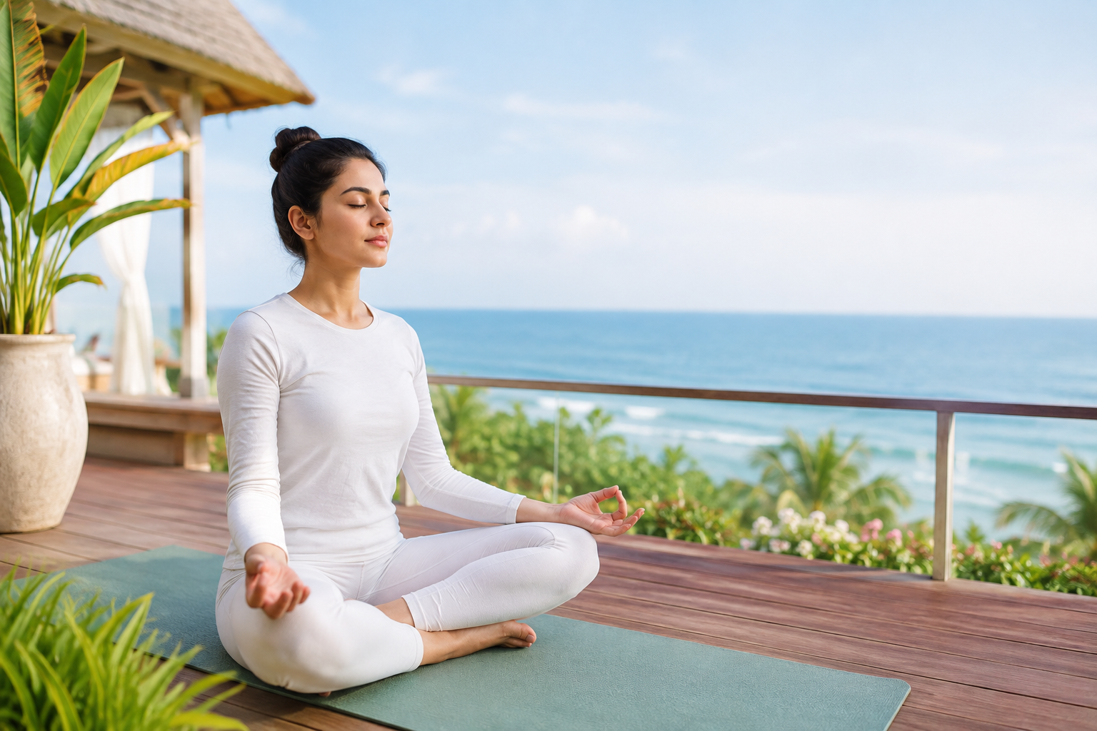 Woman practicing yoga in a peaceful natural setting